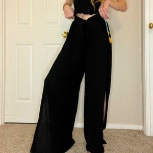 BLACK SLIT LOOSE DRESS PANTS, TIE FRONT, SIDE SLIT, BLACK DRESS PANTS